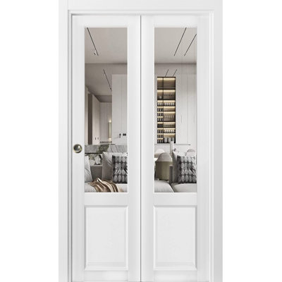 Sliding Closet Bi-fold Doors 32 x 80 Lucia 1533 White Silk with Clear Glass Sturdy Tracks Moldings Trims Hardware Set Wood Solid Bedroom Wardrobe Doors