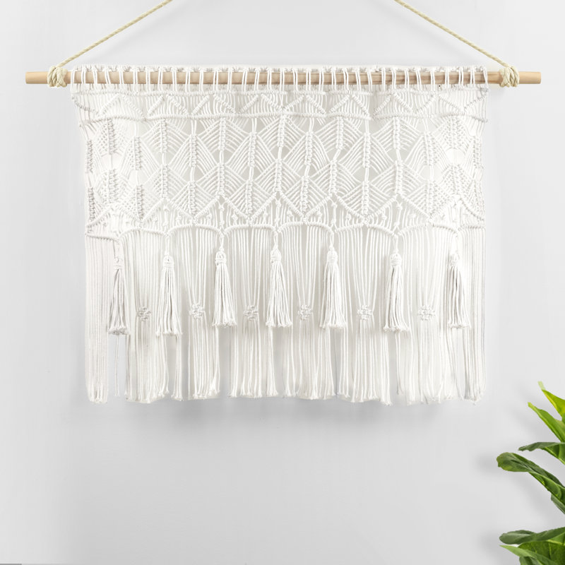 Boho Macrame Cotton Tailored Kitchen Curtain, White