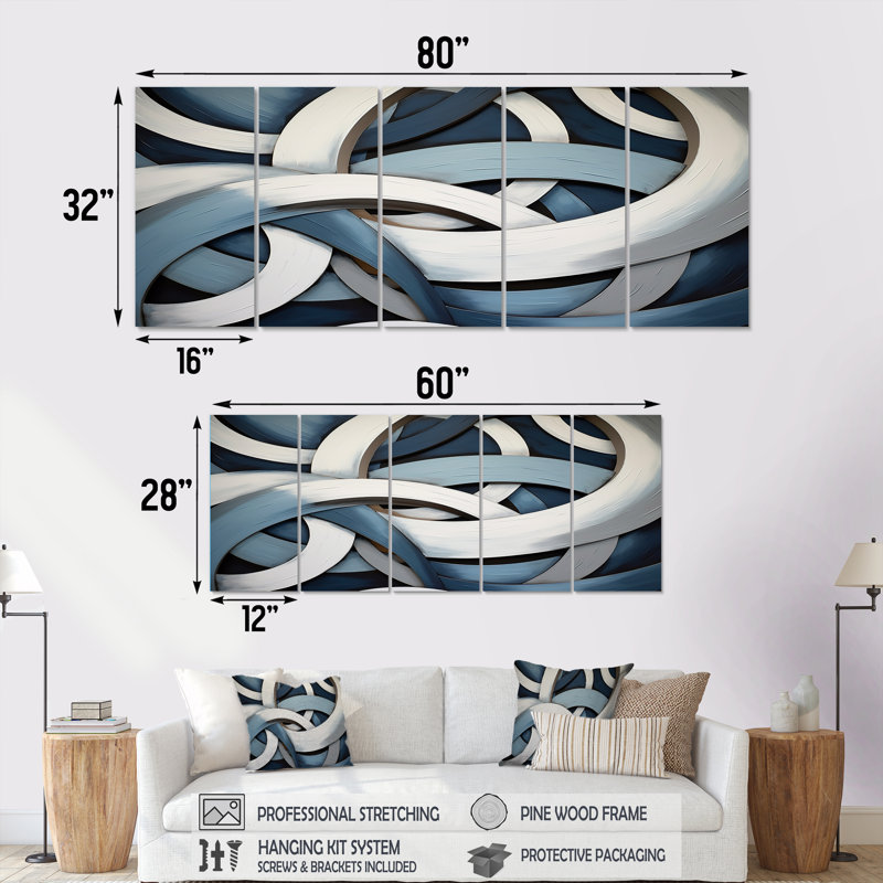 «Blue and White Whirling Rings I», art mural abstrait sur toile, 5 pièces, H 32 po x l 80 po