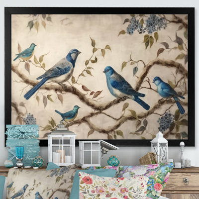 Quatre oiseaux bleus rétro sur une branche I - reproduction sur toile