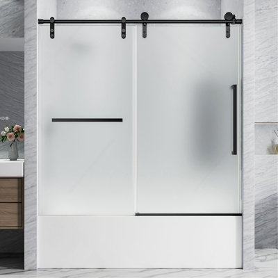 Porte de douche coulissante simple sans cadre l 60 po x H 60 po, porte de baignoire, verre trempé nano-transparent ultra-transparent 5/8 po (8 mm)