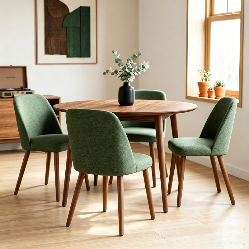 Ensemble de chaises de salle à manger rembourrées, 2 chaises de cuisine en bois, tissu vert, Vert