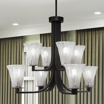 Apollo 8 Light Uplight Chandelier Shown In Dark Granite Finish With 5.5" Fluted Italian Ice Glass