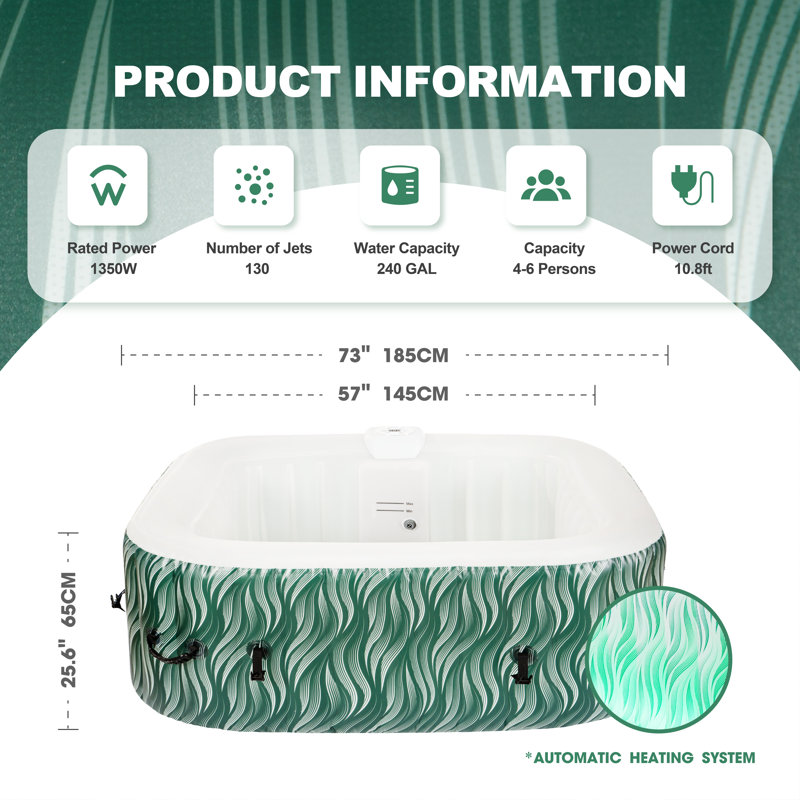 Relxtime  Vibrant Green Inflatable Spa | 73" X 73" Portable Hot Tub With 104°f Heating, 130 Air Jets &  Led Floor Light