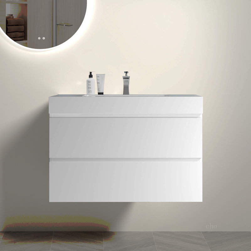 Lavabo intégré à surface solide sans drain ni robinet, couleur blanc brillant, 36"