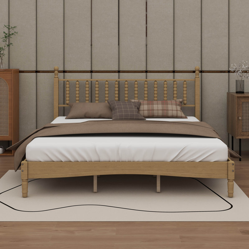 Base de lit en bois avec tête de lit en forme de gourde, lit plateforme avec support en lattes de bois, Très grand lit