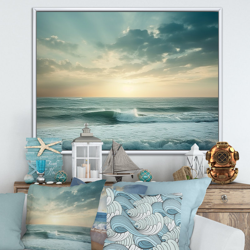 Vue de paysage de vagues côtières - art mural de grandes vagues côtières, H 34 po x l 44 po x P 1,5 po, Cadre flottant blanc