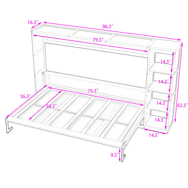 Lit escamotable en bois avec tablettes intégrées, Blanc, Double