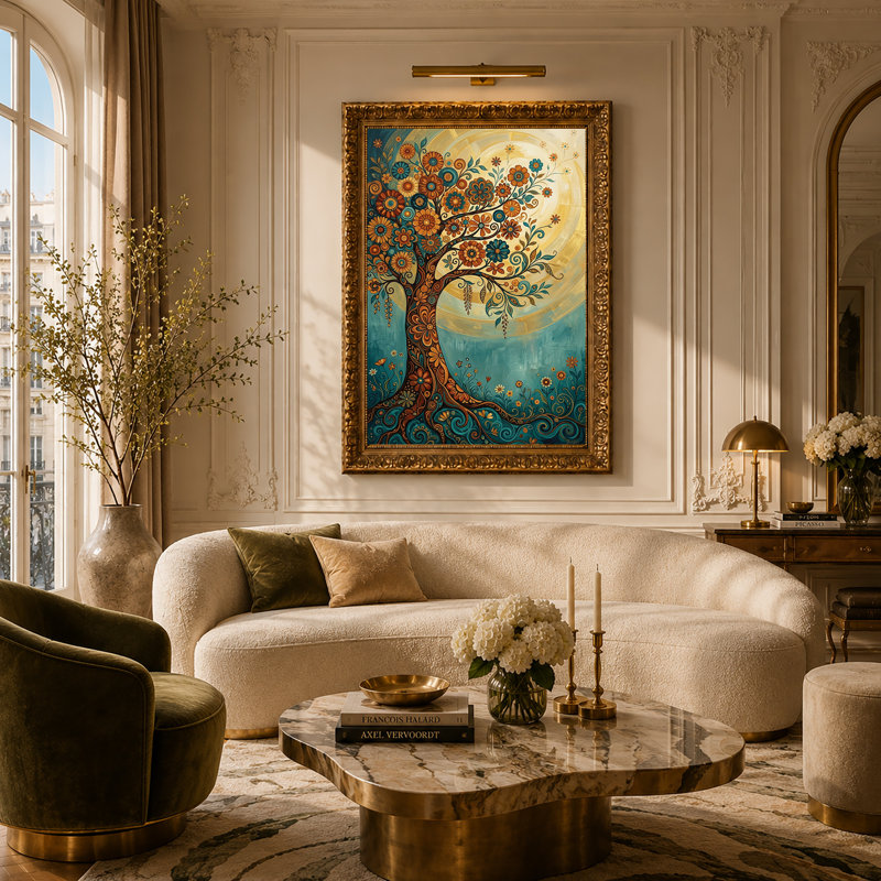 Art mural sur toile, arbre en fleurs avec tourbillons sarcelle et orange, 30"H x 20"W