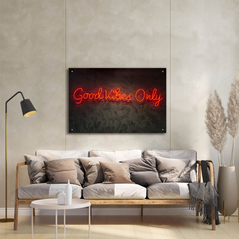 «Good Vibes Only In Neon Red» par Epic Portfolio, art mural en verre acrylique, H 24 po x l 36 po x P 0,2 po