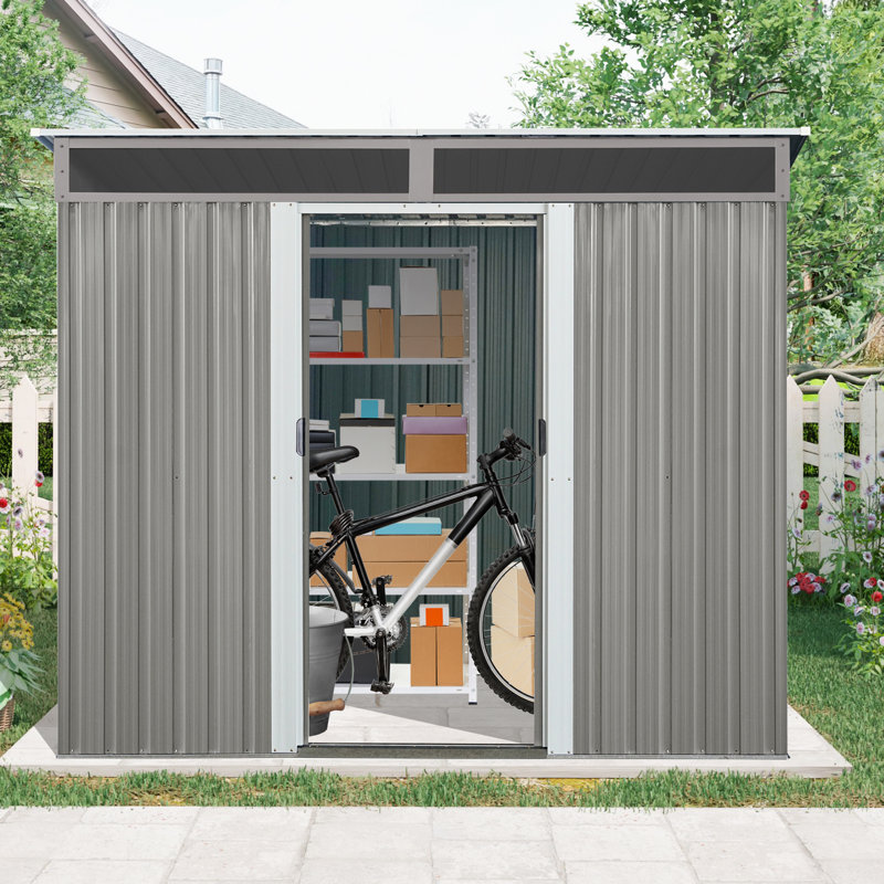 8x6 Metal Outdoor Storage Shed With Window And Transparent Plate Gray