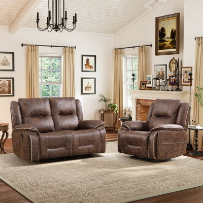 Faux Leather 2-Piece Manual Reclining Living Room Set, 1 Recliner and 1 Loveseat with Nailhead Trim