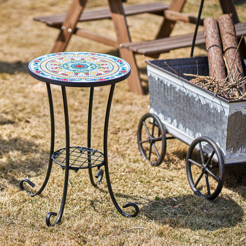 Fenske Patio Side Table with Shelf, Floral