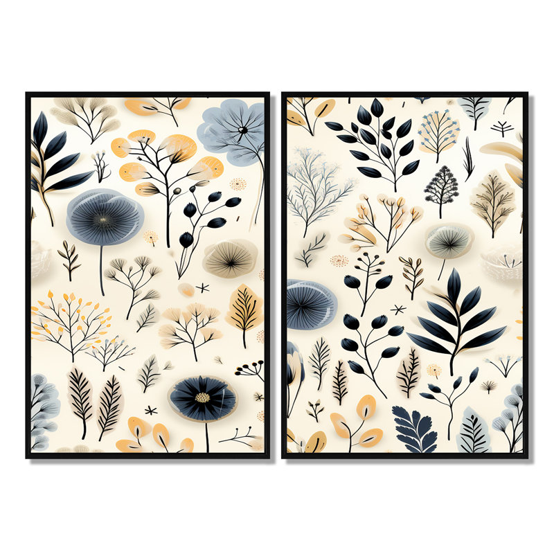 Art mural en toile monochrome botanique - bohémien et éclectique 2 pièces, H 36 po x l 48 po, Impression encadrée flottante