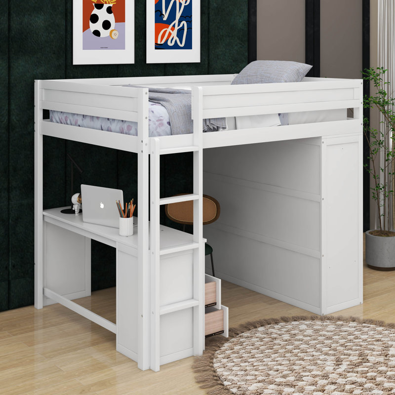 Lit mezzanine double avec placards et bureau, Blanc