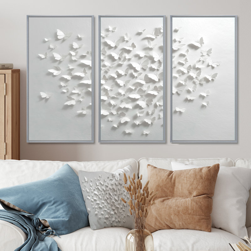 «Summer White Butterflies In The Sky - Abstract Collages», ensemble de reproduction d'art mural, 28" H x 36" W, Argent argent