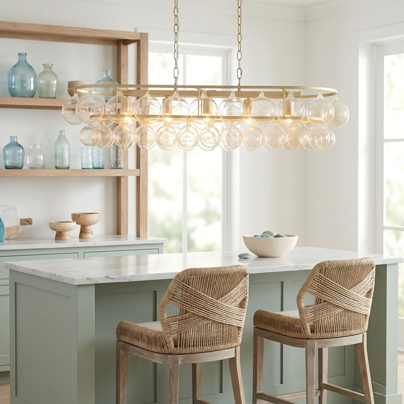 5-Light 44.69" Linear Kitchen Island Chandelier with Cognac Bubble Glass, Crackle Gold Finish