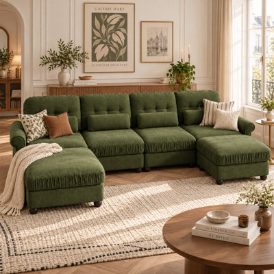 Canapé d'angle modulaire en forme de U Cozaryn Cozy 4 places en chenille avec 2 poufs amovibles, assise profonde en mousse haute densité, coussins à bords froncés, accoudoirs arrondis, dossier capitonné