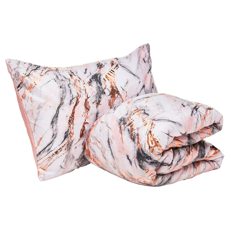 Metallic  Marble Comforter Set, Full Comforter + 2 Standard Shams, Rose Gold