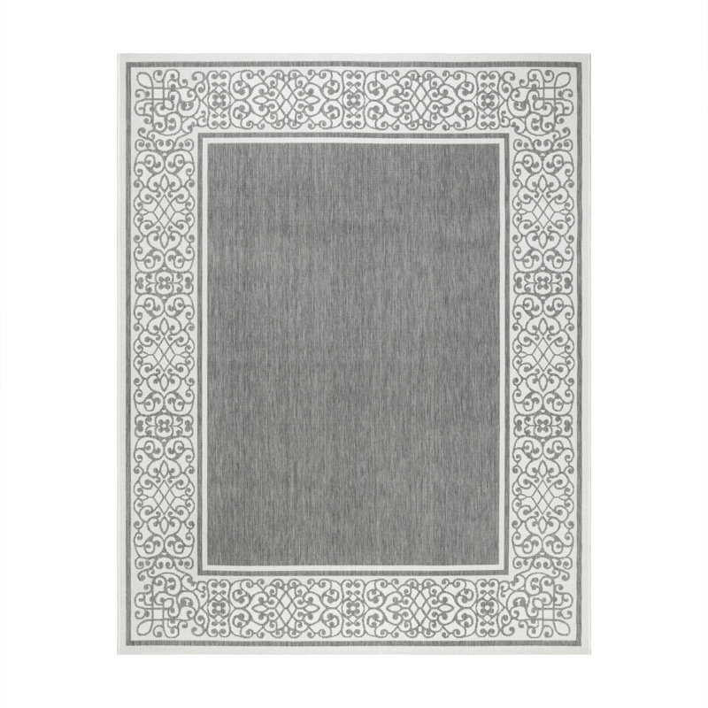 Arnaud Scrolled Border Silver Gray Ivory Flatweave Indoor/ Outdoor Area Rug, Rectangle 5'3" x 7'