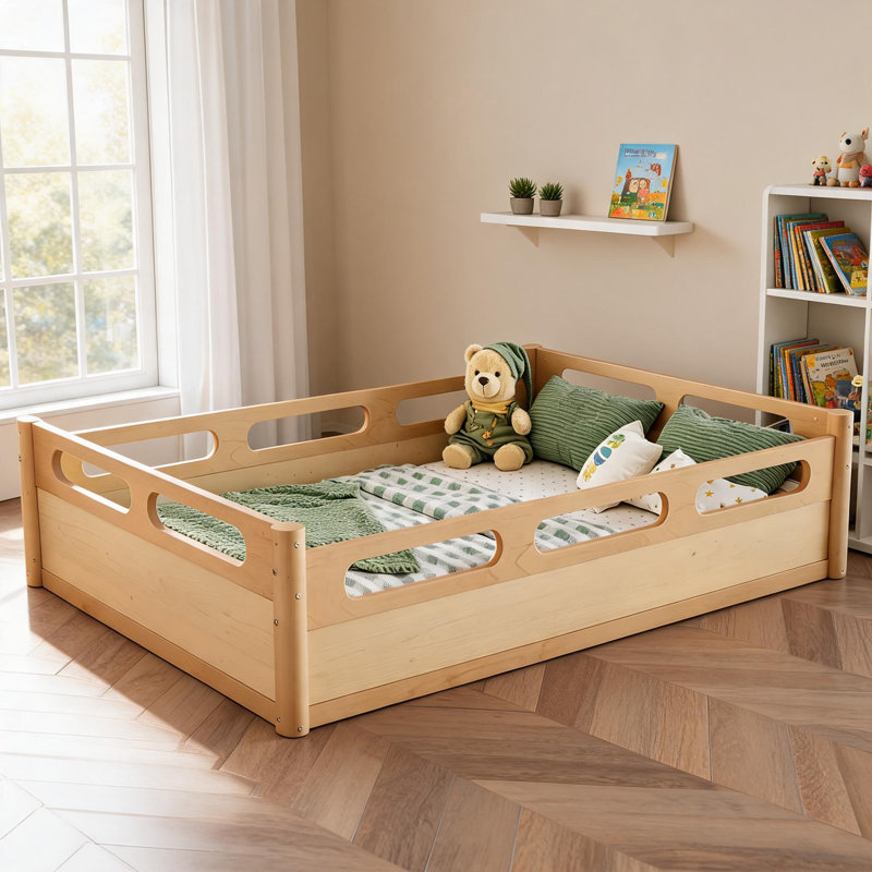 Lit plateforme moderne minimaliste pleine grandeur avec garde-corps pleine longueur, sans sommier tapissier, naturel chaud