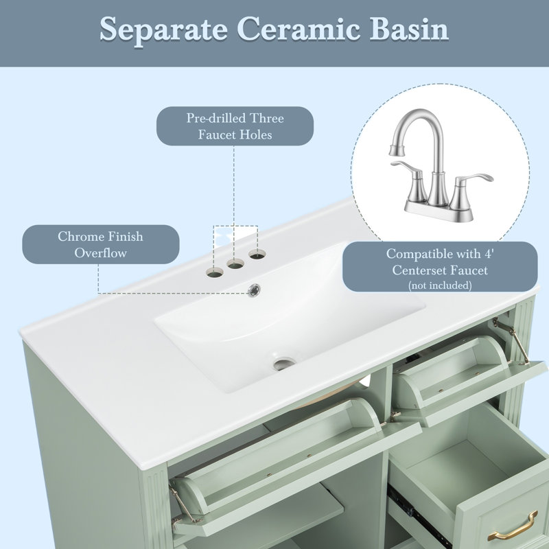 Van Meuble-lavabo moderne 36 po avec lavabo en céramique 4 - 4 tiroirs à fermeture en douceur et tablette réglable pour le rangement et l'organisation