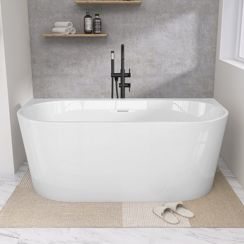 59'' x 30'' Corner Soaking Bathtub Acrylic Stand Alone Back to Wall Alcove Freestanding Tub with Overflow Glossy White