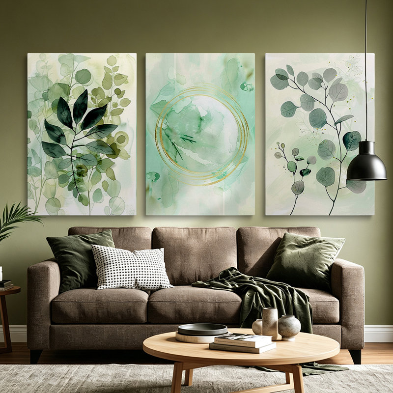 Ensemble de 3 toiles modernes représentant des feuilles d'eucalyptus vertes, idéal pour le salon (91 x 183 cm).