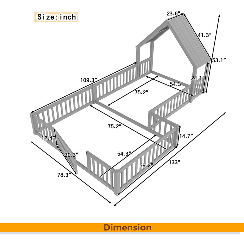 Lit maison, lit double avec porte et garde-corps pleine longueur, conception multifonctionnelle, Gris, Lit double
