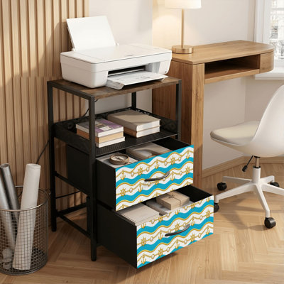 2 Drawers Nightstand with Charging Station, Bedroom Nightstand with USB Ports, Outlets Open Shelf Black, night stand with Nautical Seamless Anchors Ships Wheels Ropes Wavy Blue White Print