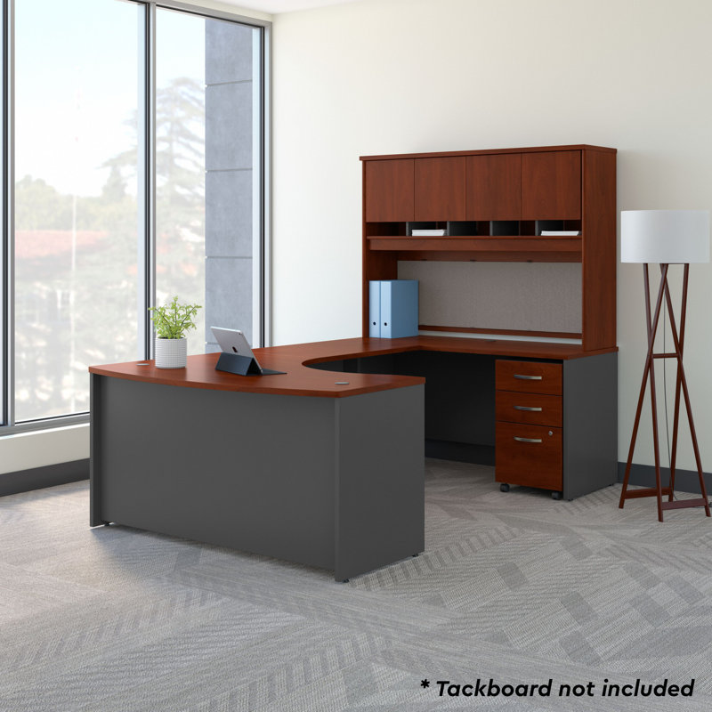 Series C 60W Bow Front U Shaped Desk with Hutch and Storage, Hansen Cherry/Graphite Gray, Right Hand Return