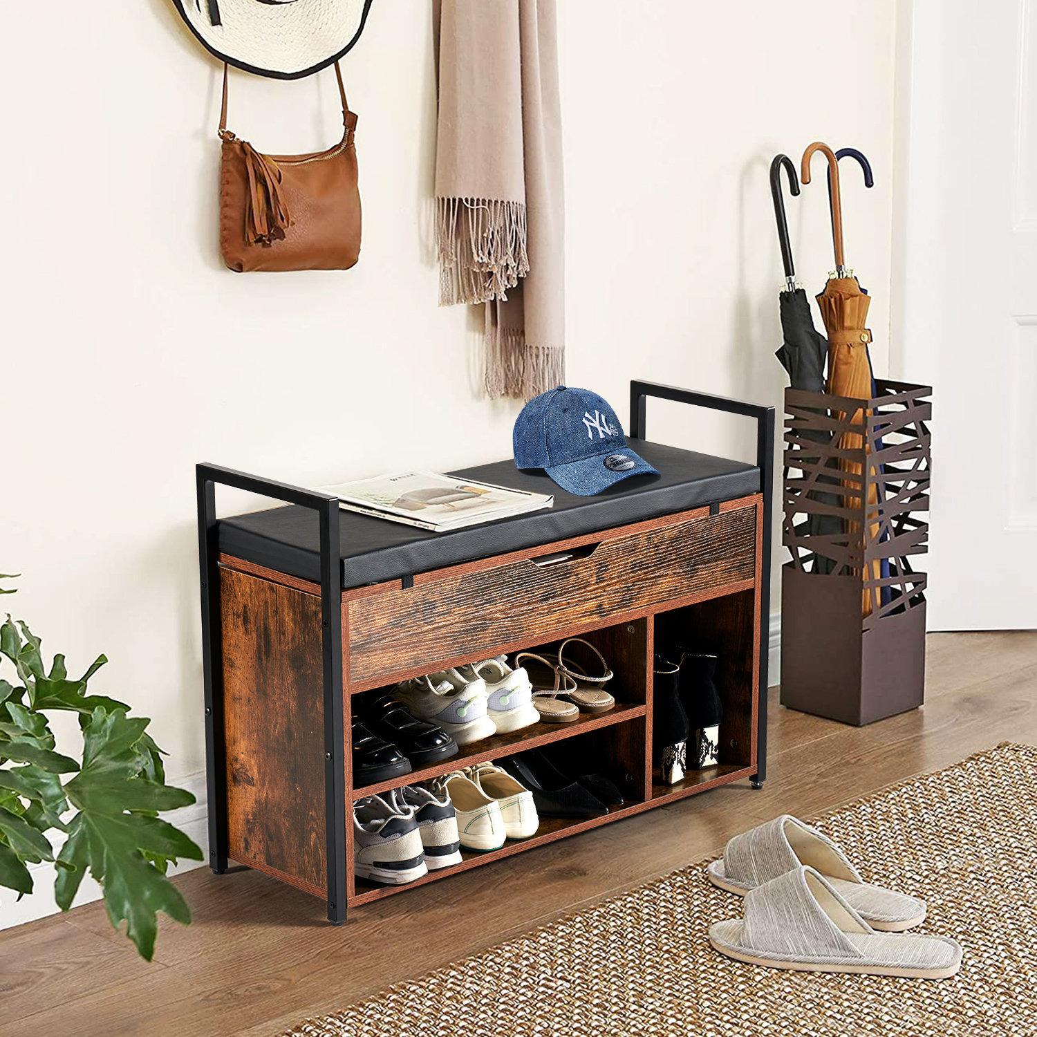 Rustic Style Entryway Shoe Storage Bench Shoe Rack with 2 Tier