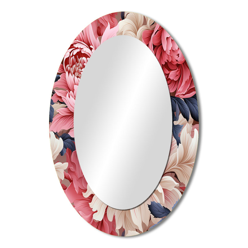 Farmhouse Rose and White Floral Gardens - Grand miroir mural ovale sur métal, H 36 po x l 24 po