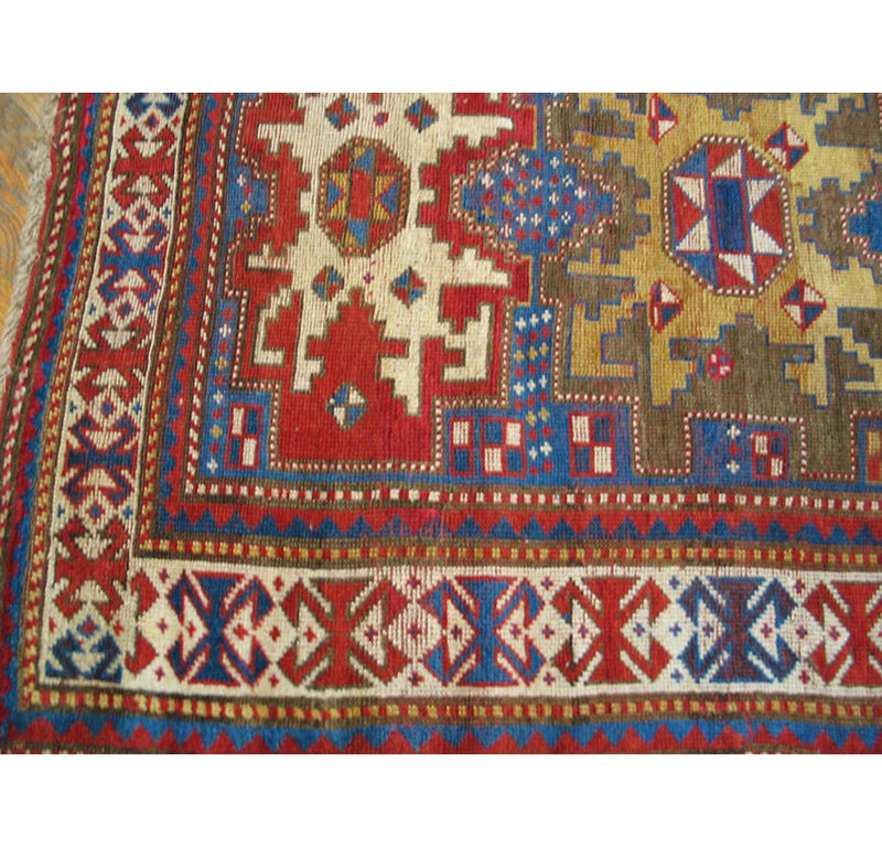 1900s Blue Geometric Tribal Antique Caucasian Kazak Rug 3'6"x 5'10" Wool Carpet