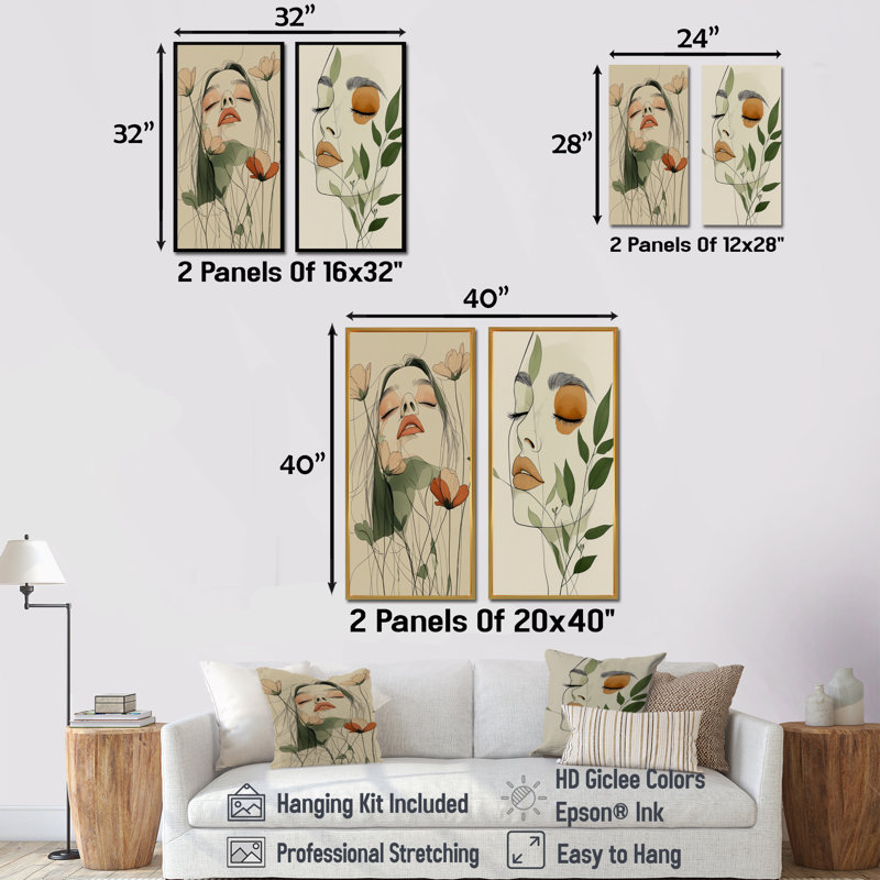 Femme, art au trait, art mural Boho I - Art mural femme, ensemble 2 pièces, H 40 po x l 40 po, Argent argent