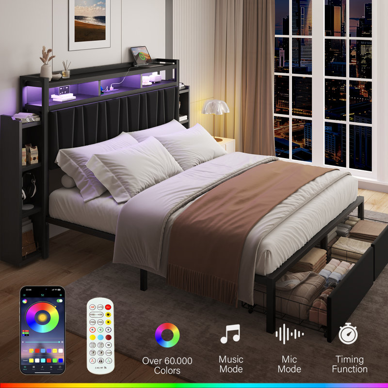 Upholstered King Size Bed Frame With 2 Storage Drawers & 2 Bedside Shelves, Modern Platform Bed With Charging Station & LED Light, Black