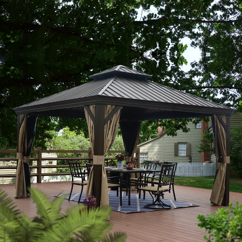Kozyard Alexander 12' x 16' Brown Aluminum Hardtop Gazebo with Curtains
