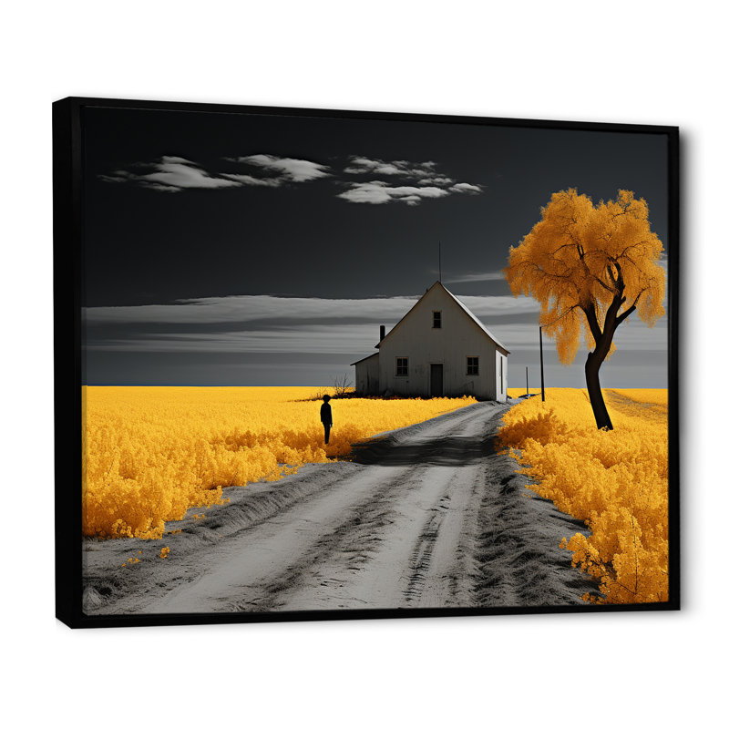 Photographie de campagne monochrome sur fond jaune et gris sur toile, H 34 po x l 44 po x P 1,5 po, Cadre flottant noir