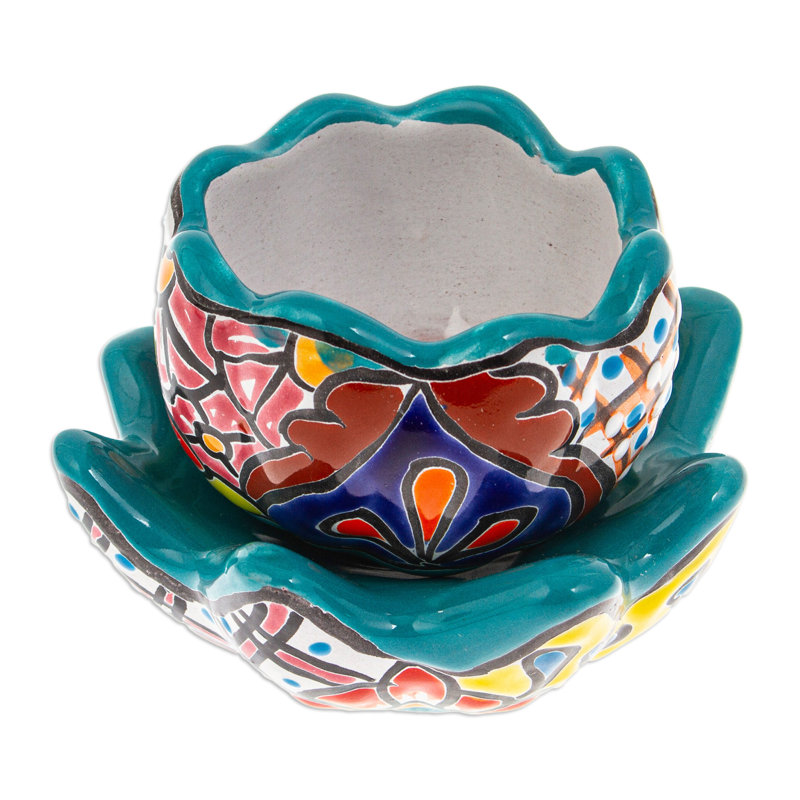 Bungalow Rose fait à la main Talavera Eden dans un pot de fleurs en céramique bleu sarcelle