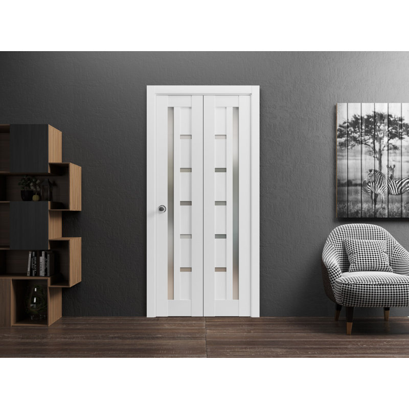 Portes coulissantes pliantes pour placard 42 x 96 Quadro 4088 Blanc Soie avec verre dépoli, rails robustes, moulures, garnitures, quincaillerie, portes de placard en bois massif pour chambre à coucher