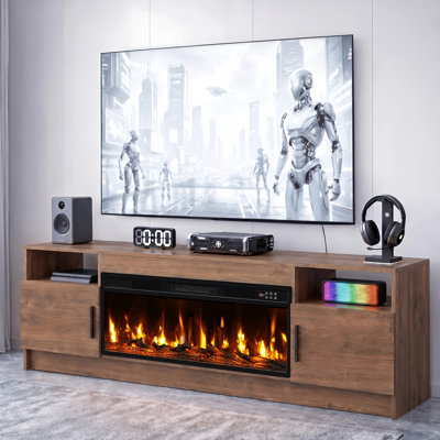 70" W TV Stand with Electric Fireplace 12 Flame Colors Change For Living Room