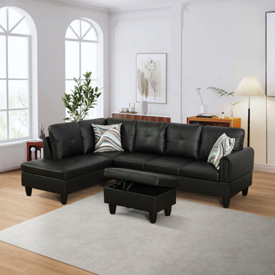 L-Shaped Sectional Sofa With Movable Chaise & Storage Ottoman, Leather 3-Piece Modular Convertible Couches For Living Room, Apartment & Office, Black