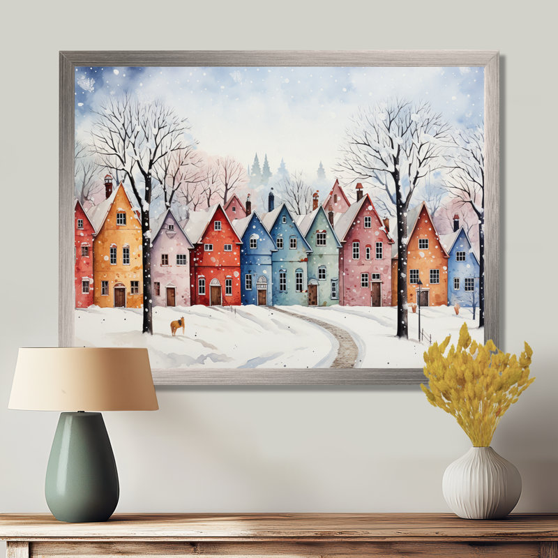 Décoration murale multicolore ville givrée en hiver II - Paysage d'hiver, Cadre flottant blanc, H 24 po x l 32 po x P 1 po
