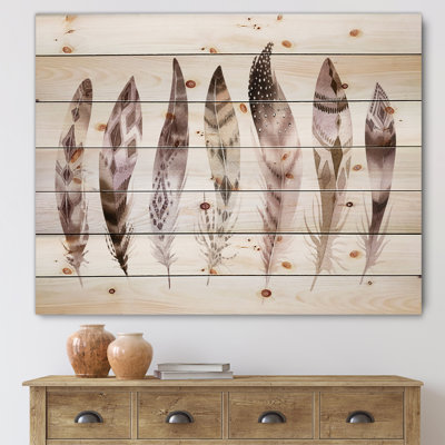 Ensemble de plumes colorées Boho X - imprimé bohémien et éclectique sur bois de pin naturel