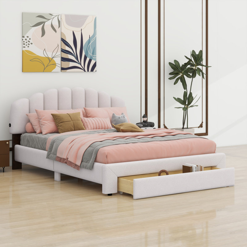 Upholstered Platform Bed With Drawer, Beige