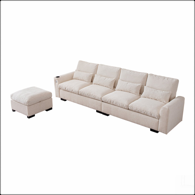 114.5"Modern Modular L Shaped Chenille Sofa Couch Reversible Ottoman, Beige