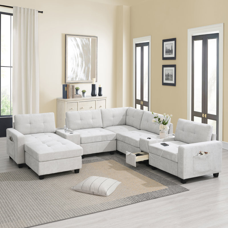 Ensemble de canapé en chenille en U, Chenille gris pâle