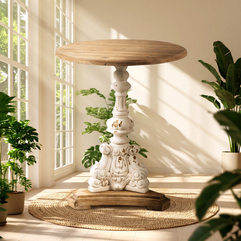 Table d'appoint ronde sur piédestal en bois de sapin sculpté EVERGREEN DECOR, 66,5 cm L x 66,5 cm P x 78,5 cm H