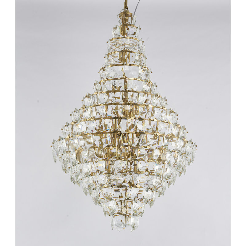 Lustre 27 lumières avec cristaux transparents suspendus, Laiton