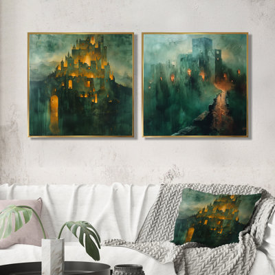 Vert et jaune, Forteresse médiévale I - Fortress Wall Art - ensemble d'art mural industriel 2 pièces